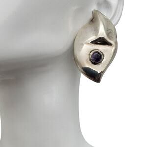 Taxco Sterling Silver Clip Earrings Purple Amethyst Sculptural Modernist Puffy